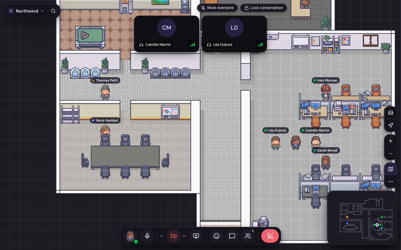 PixelBureau screenshot in dark mode: six colleagues in the office, a call in progress, the minimap and the control bar